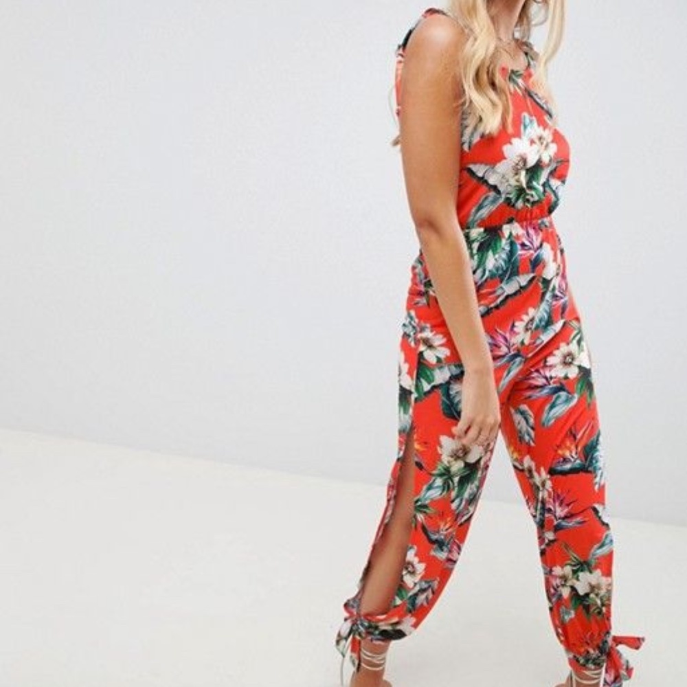 ASOS Hawaiian Tie Detail Jersey Split Side Beach Jumpsuit